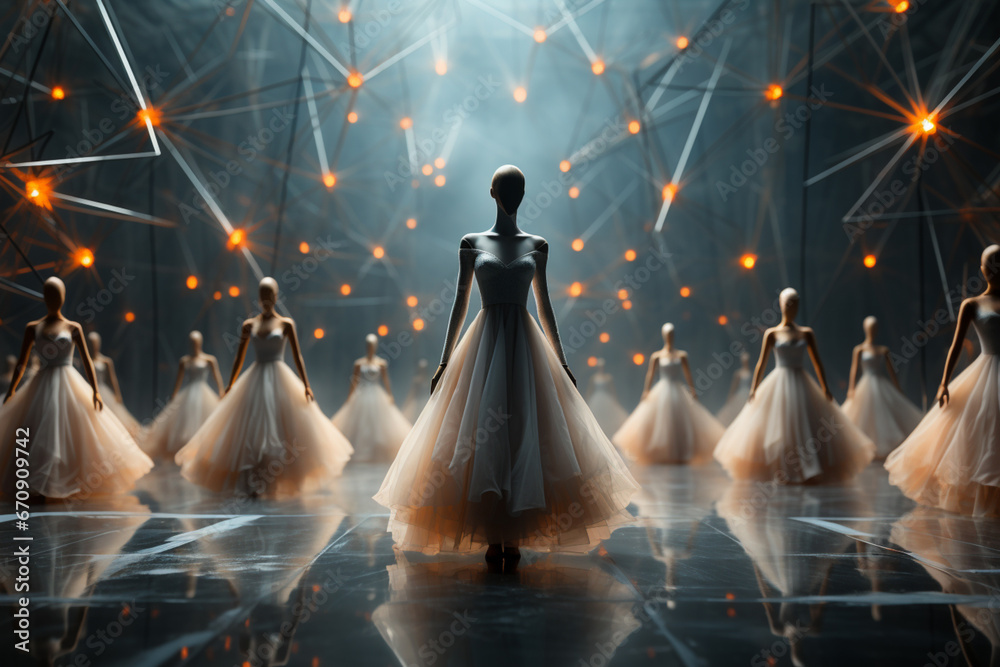 Fototapete a surreal image merging geometric elements with ballerinas in a dreamlike setting.