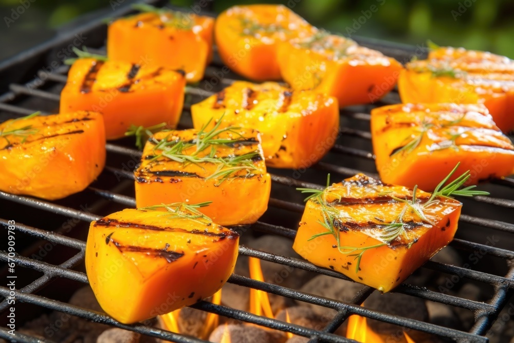 Poster bright orange chunks of butternut squash grilling on a barbecue