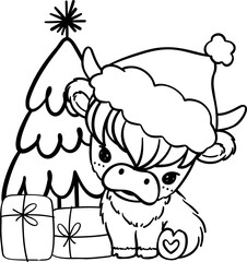 Christmas Highland cow with santa hat outline