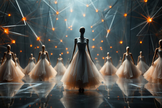A surreal image merging geometric elements with ballerinas in a dreamlike setting.  
