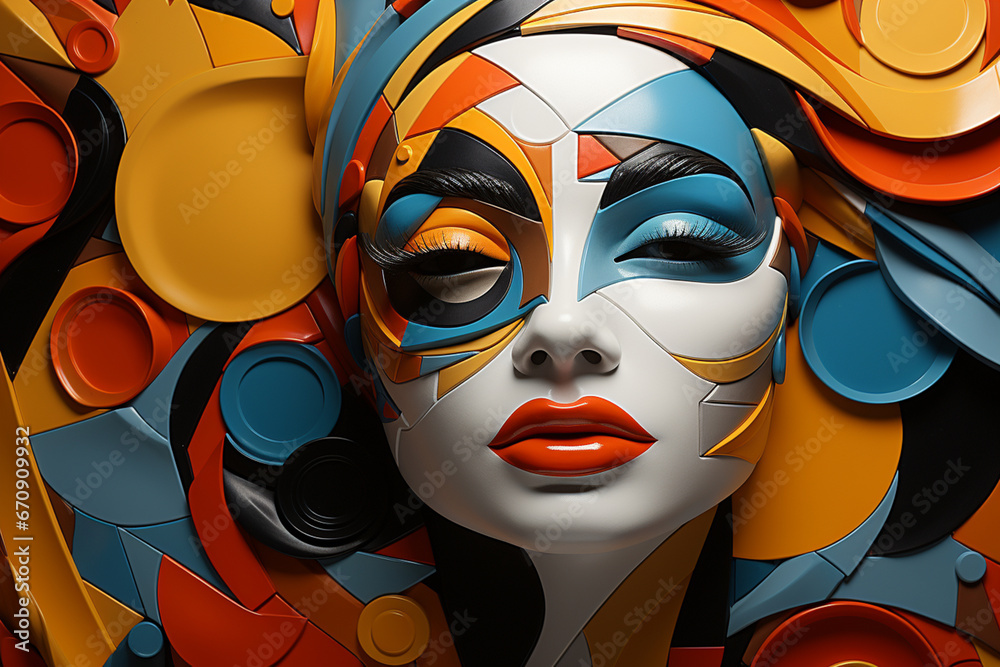 Poster an abstract painting depicting a mask-inspired composition with geometric elements.