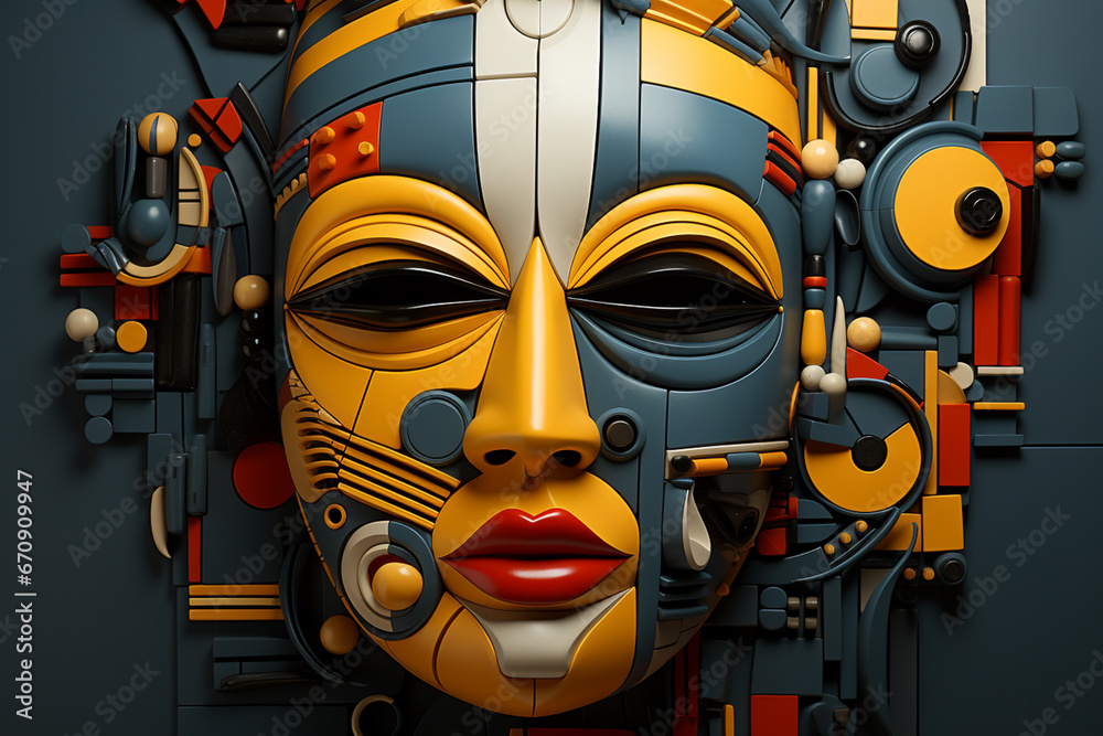 Aufkleber an abstract painting depicting a mask-inspired composition with geometric elements.
