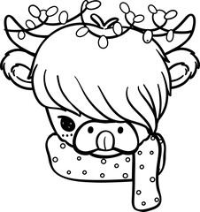 Christmas Highland cow face outline