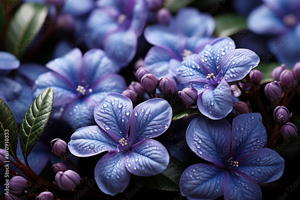 Poster a close-up photograph capturing a cluster of periwinkle flowers in full bloom.