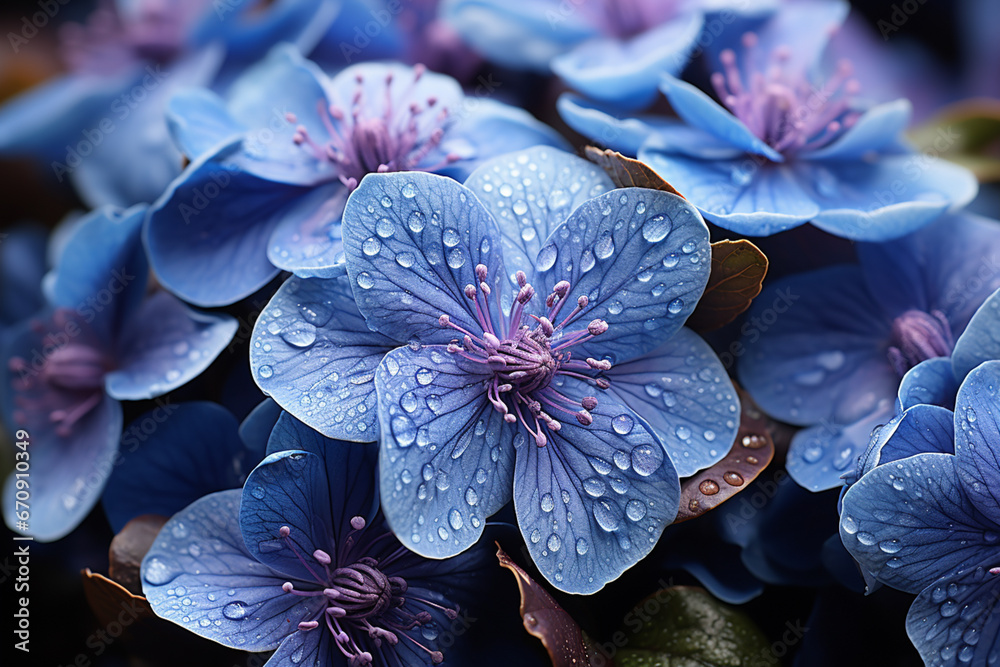 Poster a close-up photograph capturing a cluster of periwinkle flowers in full bloom.