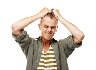 Stress, frustration and a man pulling his hair isolated on a transparent background while feeling annoyed. Anxiety, mental health and mistake with an angry young male person on PNG during a breakdown