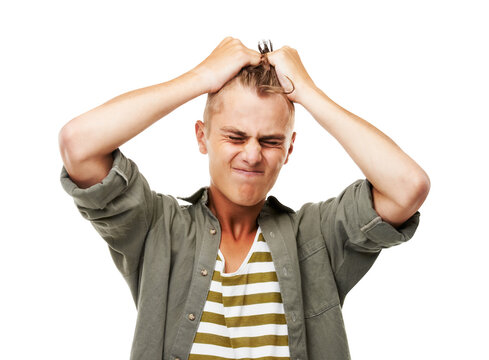 Stress, frustration and a man pulling his hair isolated on a transparent background while feeling annoyed. Anxiety, mental health and mistake with an angry young male person on PNG during a breakdown