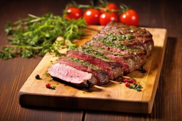 tasty herb rub steak served on a wooden board