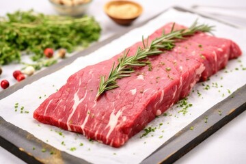 raw herb-marinated steak close-up on marble board