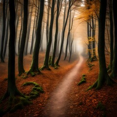 "Enchanted Autumn: A Mysterious Path Through the Foggy Forest"