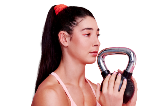Face of woman, kettlebell and exercise for fitness, sports workout and serious isolated on a transparent png background. Strong female bodybuilder, weights and training for power, energy or muscle