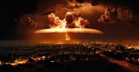 City skyline at night, abruptly dominated by a mushroom cloud's glow casting heart wrenching shadows