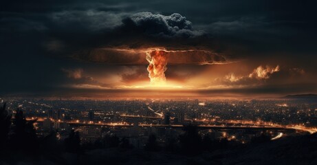City skyline at night, abruptly dominated by a mushroom cloud's glow casting heart wrenching shadows