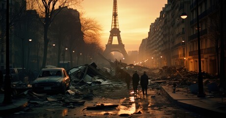 Paris, once radiant, stands hushed post-fallout, with the Eiffel Tower's silhouette shadowed. - obrazy, fototapety, plakaty