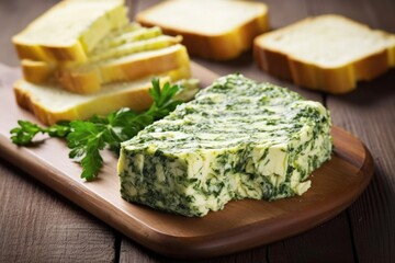a spread of garlic herb butter on a freshly grilled slice