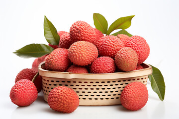 Generative AI Image of Lychee Fruit in Basket with Leaves on Isolated Background