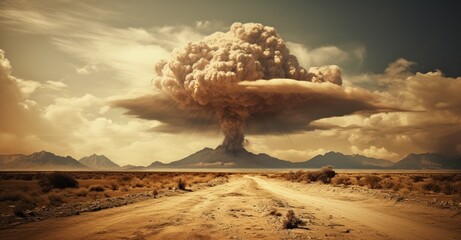 Fototapeta na wymiar The ominous rise of a mushroom cloud, casting a shadow over the vast desert expanse.