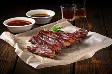 smoked ribs served on paper with a packet of barbecue sauce