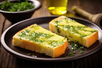seared bread slice soaked in melted garlic herb butter