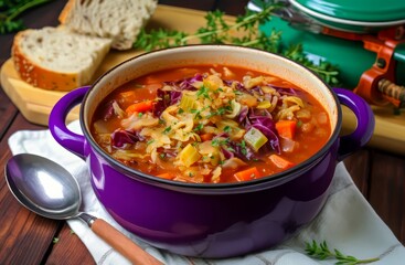 Cabbage soup borscht meal. Eating cuisine food platter serving. Generate Ai