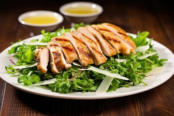 slices of grilled chicken on mixed baby greens with vinaigrette
