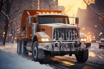 Obraz premium Snow plow on highway salting road. Orange truck deicing street. Crystals dropping on snowy asphalt. Maintenance winter vehicle in action. Modern snowplow driving along road in winter removing snow