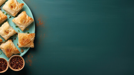 baklava imagery in a minimalistic photographic approach, top view, with blue background, artistic arrangement and ambiance, with empty copy space 
