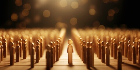 Wooden craft of people standing together without one person brave to come out in the front.