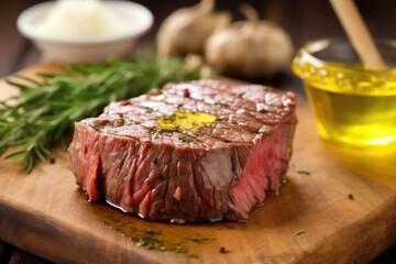 juicy steak with melted butter pat on top - obrazy, fototapety, plakaty