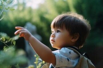 Child explore nature outdoor. Find discovery boy loupe learning. Generate Ai
