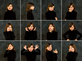 Collage set of shots with different facial expressions child girl posing at dark background,...