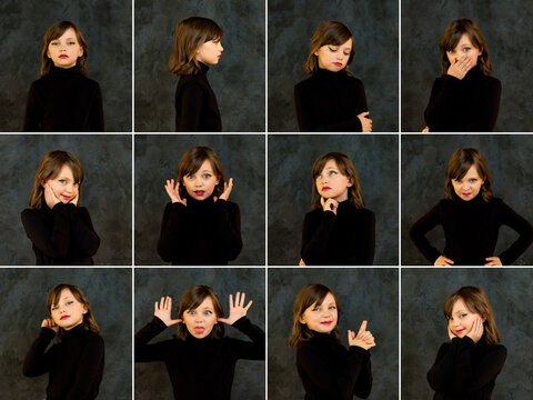 Collage set of shots with different facial expressions child girl posing at dark background, actress emotions portfolio. Emotional lovely kid on black studio wall. Child emotion concept. Copy ad space