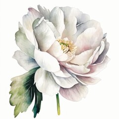 Naklejka premium White peony flower and leaves. Watercolor illustration on paper. Floral art for greeting and save the date cards. Generative AI.