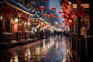 Fototapeta na wymiar Vibrant lantern-lit streets during Chinese New Year, Generative AI
