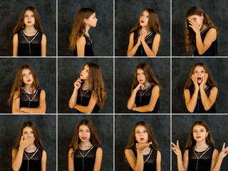 Collage set emotion of different facial expressions child girl 10 year old posing at dark, actress...