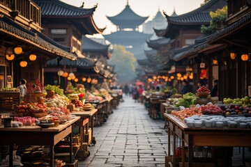 Bustling street market with colorful stalls in Shanghai, Generative AI