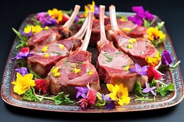 five lamb chops decorated with edible flowers on an oval metal plate