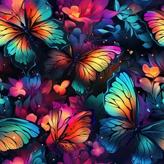Fototapeten seamless pattern with bright multicolored butterflies and flowers on black neon rainbow background for print on fabric and textiles © alexkoral