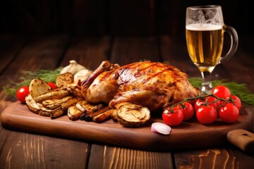 grilled chicken on a wooden board with a glass of beer