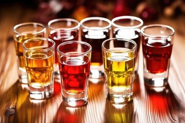 liqueur samples labeled with different flavor profiles - obrazy, fototapety, plakaty