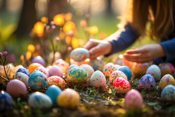 Fototapeta na wymiar Golden Hour Easter Egg Hunt in Nature