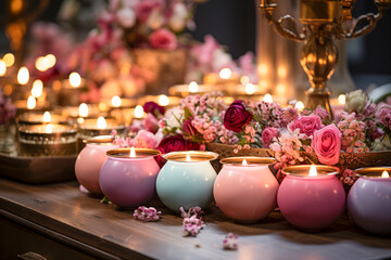 An array of pastel candles glow warmly beside a bouquet of roses, setting a tranquil and romantic atmosphere in an elegant setting