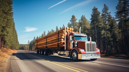 A large American truck carrying long cut logs along the road. Powerful semi-trailer with a specialized trailer. Transport concept, business.