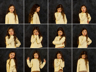 Actress emotions portfolio. Collage set emotion of different facial expressions child girl 5 year...