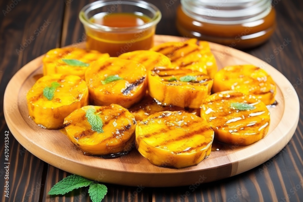 Wall mural grilled plantains smeared with golden mango bbq sauce on a wooden plank