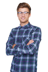 Portrait, confidence and man with crossed arms or glasses in png of isolated background with style. Hipster, guy and eye glasses with fashion for cool and trendy clothes with positive expression.