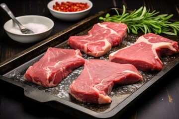 raw lamb chops smeared with a dry rub on a black tray