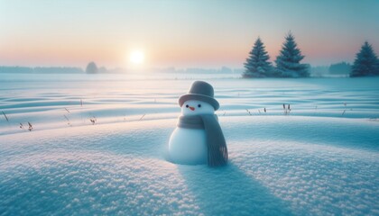 Minimalistic New Year Dawn with Snowman in Serene Snowy Field