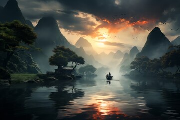 Serene boat ride on the Li River, surrounded by karst mountains, Generative AI