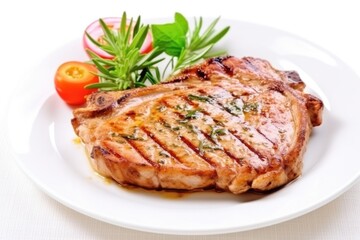 grilled pork chops on a white ceramic plate